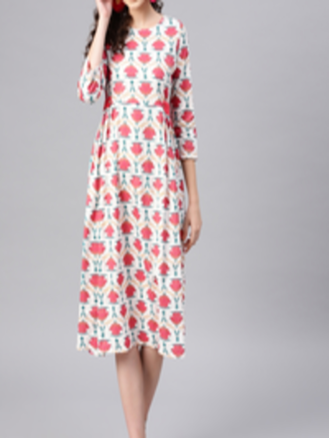 Buy SASSAFRAS Women Off White & Pink Floral Print A Line Dress ...