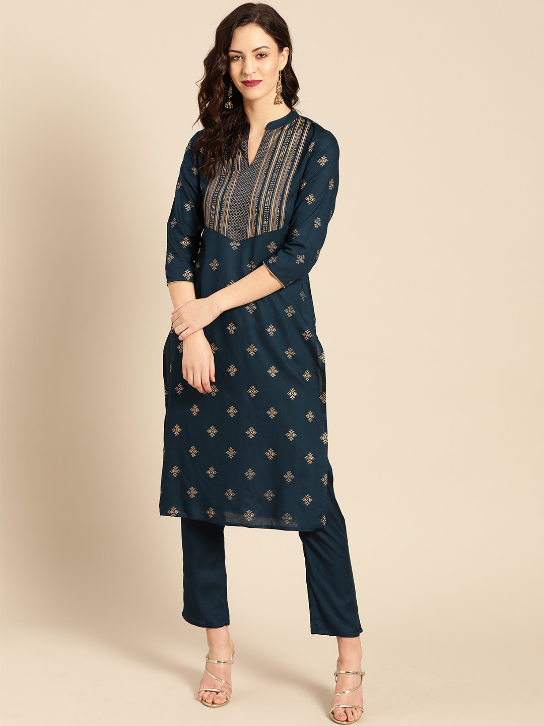 Buy IMARA Women Teal Blue & Golden Printed Kurta With Trousers Kurta