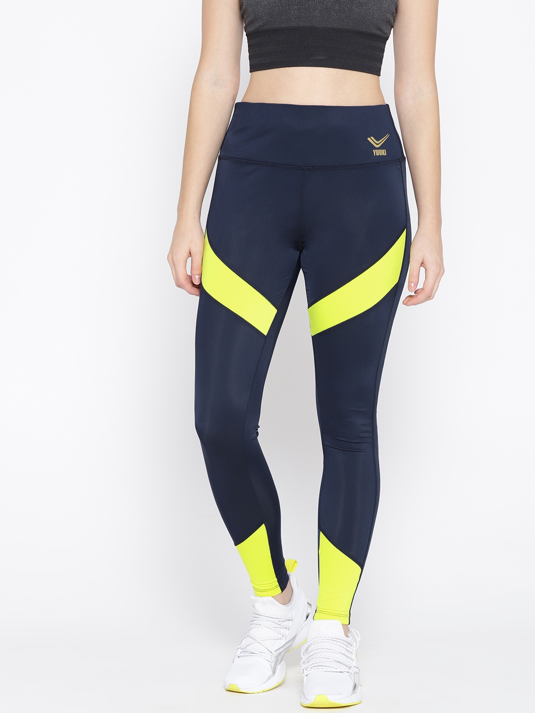 Buy Yuuki Women Navy Blue &amp; Yellow Colourblocked Workout