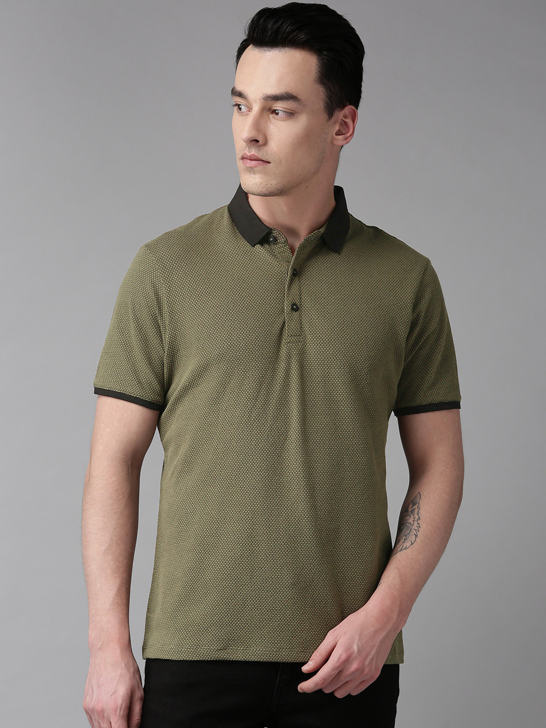Buy Blackberrys Men Olive Green Black Self Design Polo Collar Pure Cotton T Shirt - Tshirts for 