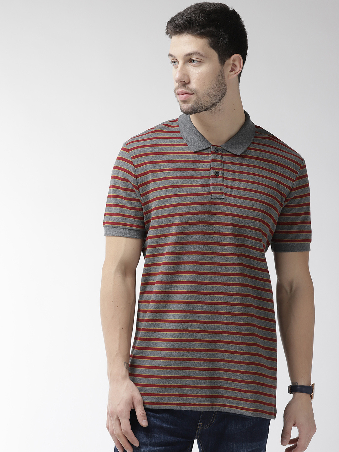 Buy Marks & Spencer Men Grey & Maroon Striped Polo Collar T Shirt