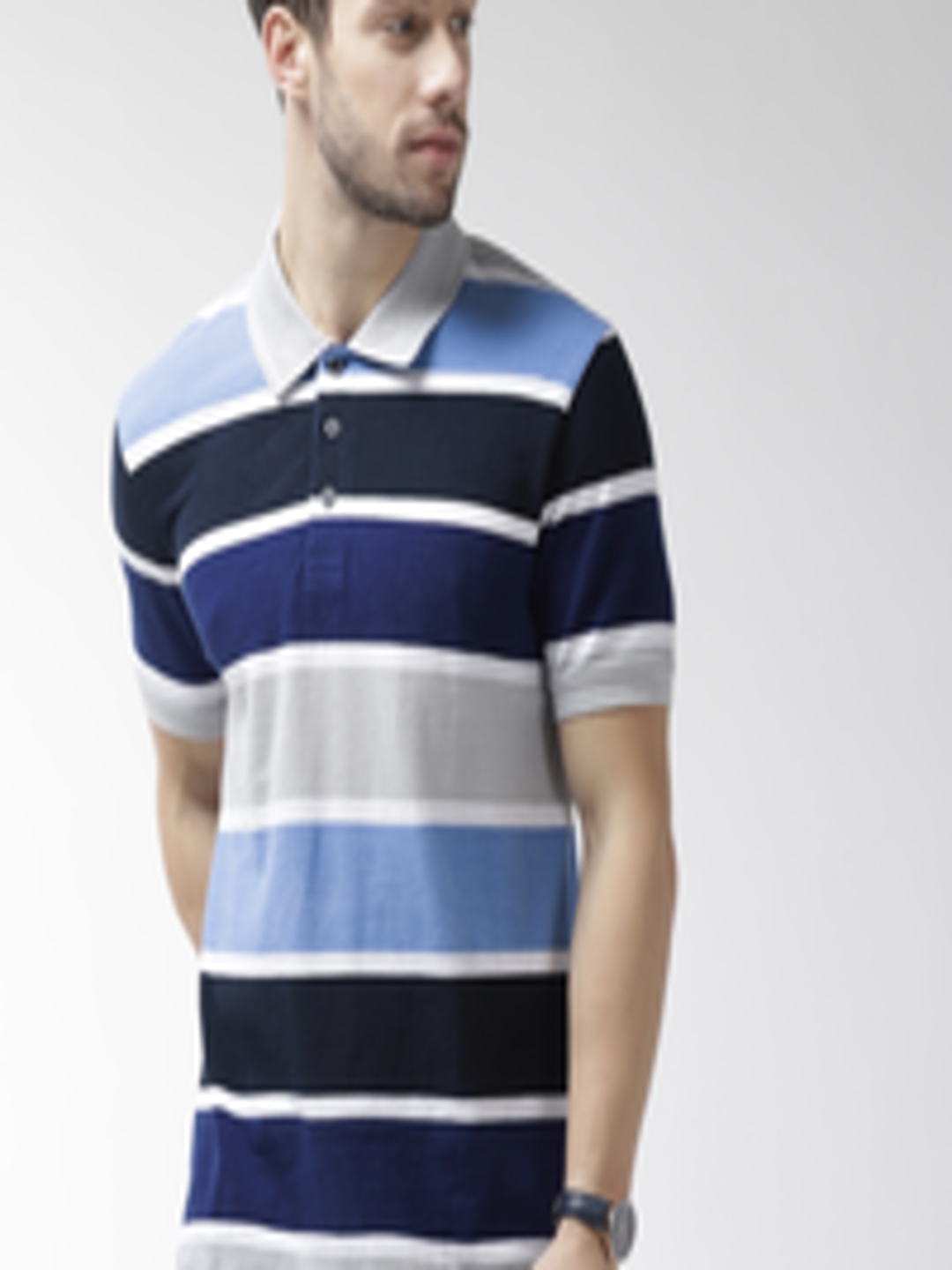 Buy Marks & Spencer Men Blue & Grey Striped Polo Collar T Shirt ...