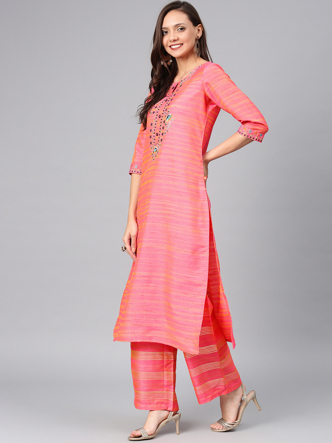 Ice Pink Embroidered kurta Inn V-Neck With Yellow Straight Palazzo