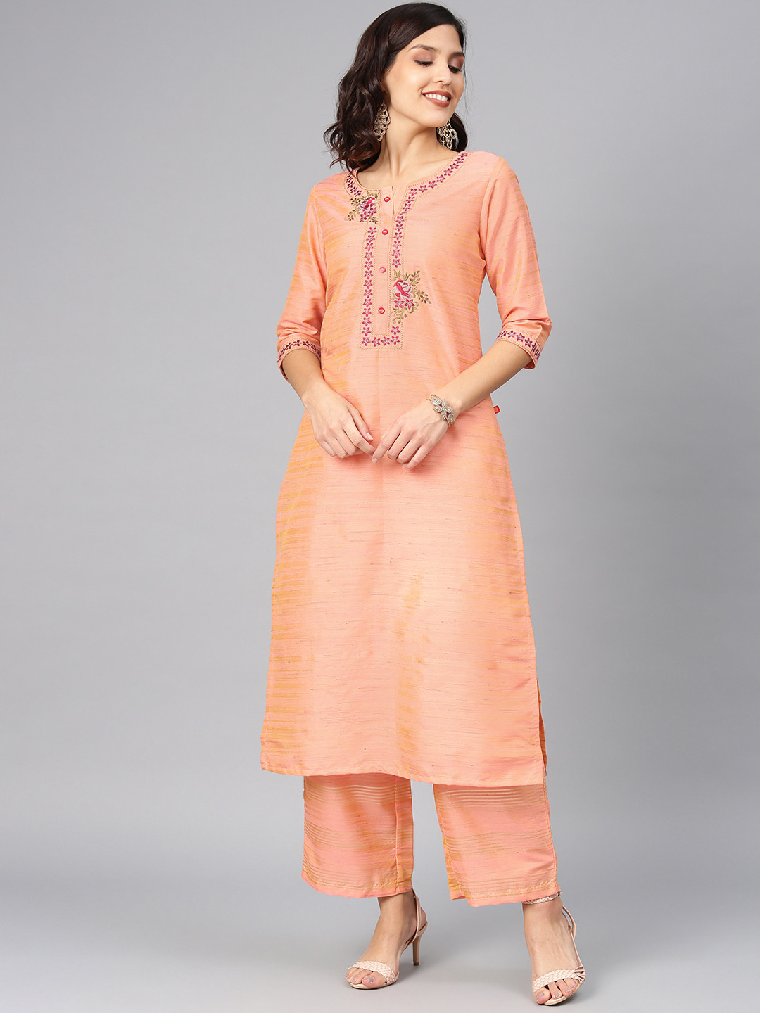 Women Peach-Coloured Embroidered Kurta With Palazzos & Dupatta
