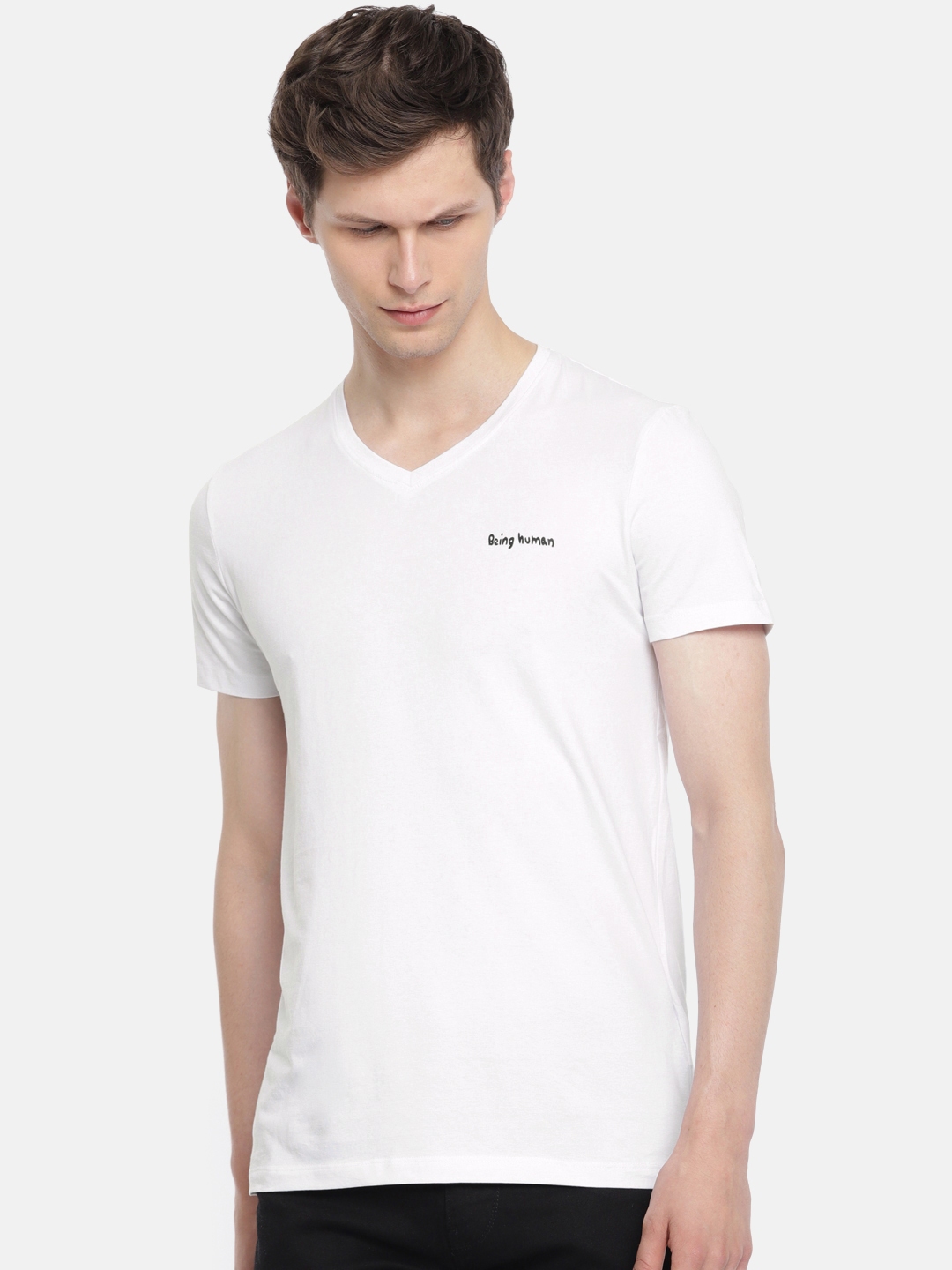 Buy Being Human Men White Solid V Neck Pure Cotton T Shirt - Tshirts ...