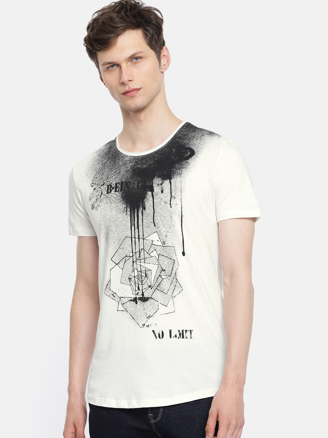 Buy Being Human Men White Black Printed Round Neck Pure Cotton T Shirt