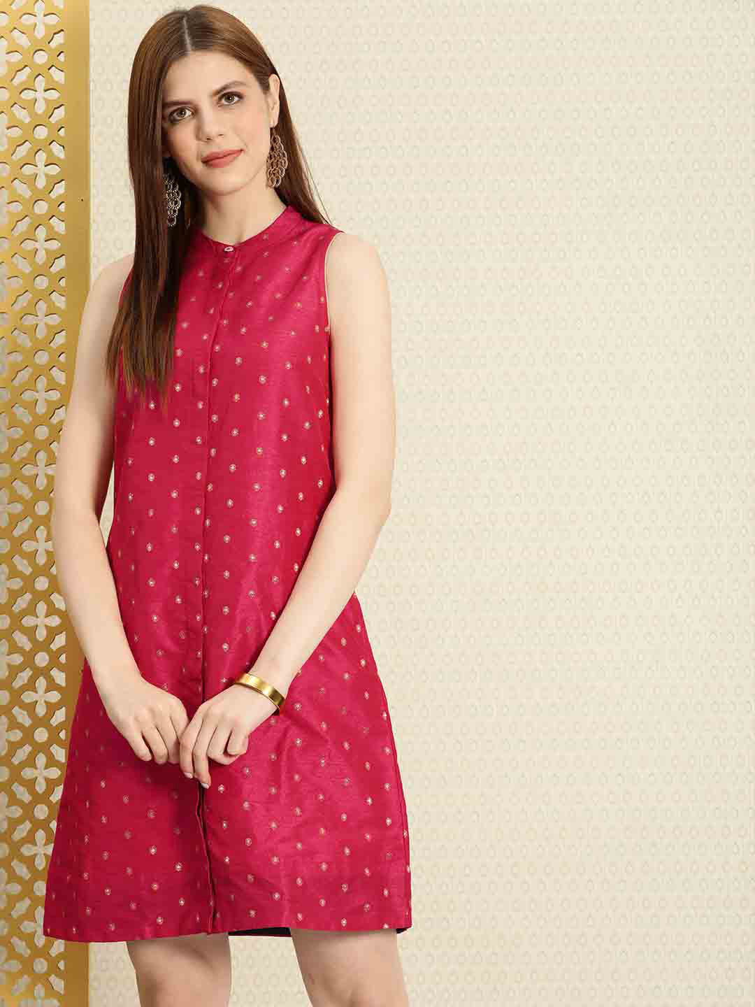 Buy House Of Pataudi Women Pink & Gold Toned Embroidered A Line Dress