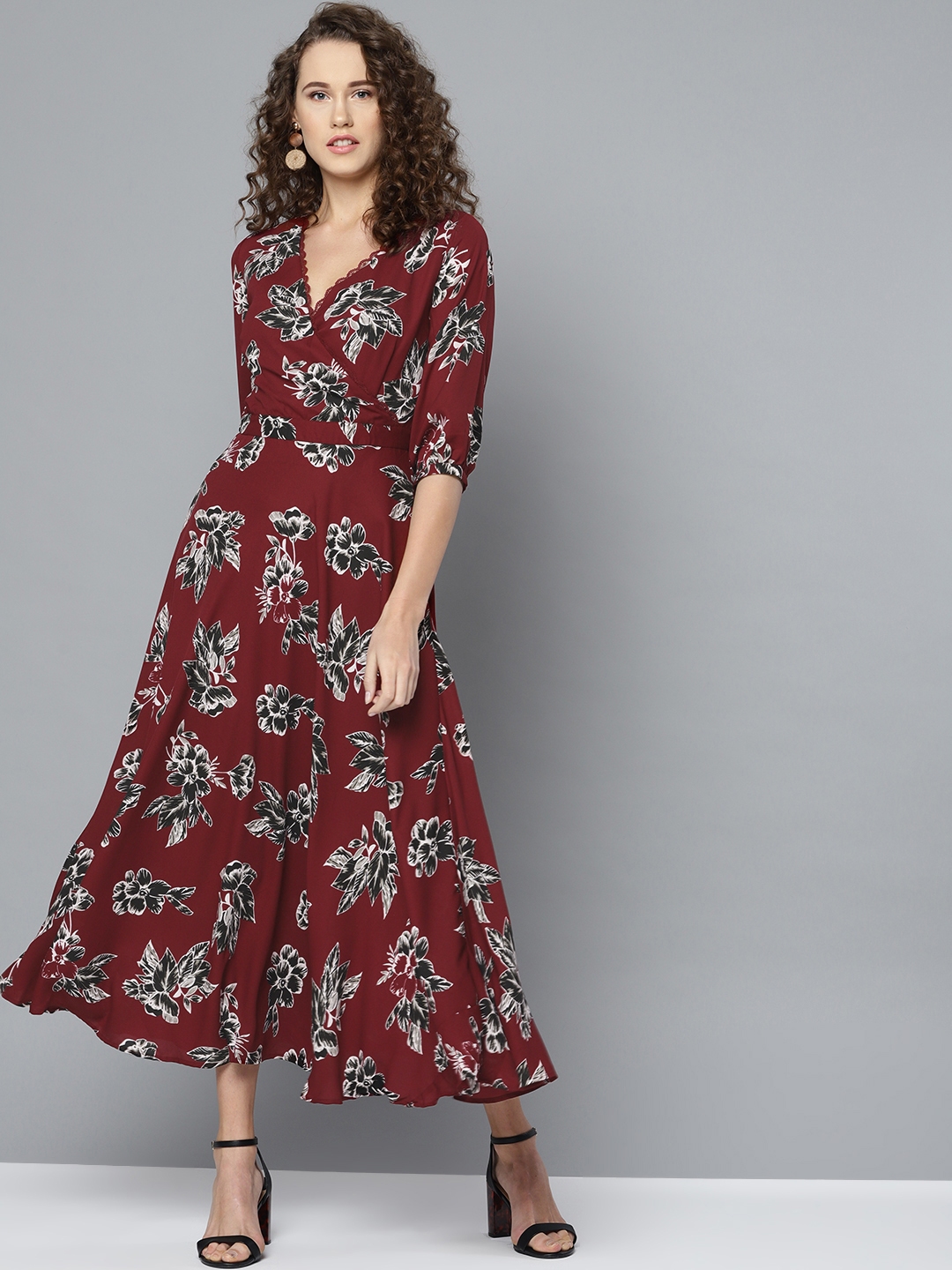 Buy Marie Claire Women Maroon & Black Floral Printed Maxi Dress ...