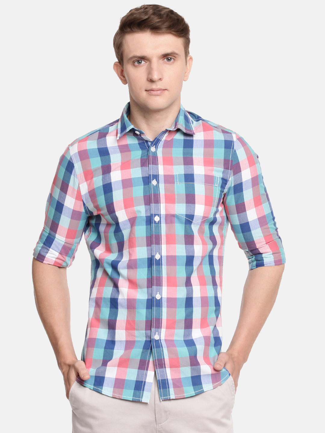 Buy The Chennai Silks Classicate Men Blue & Coral Pink Regular Fit