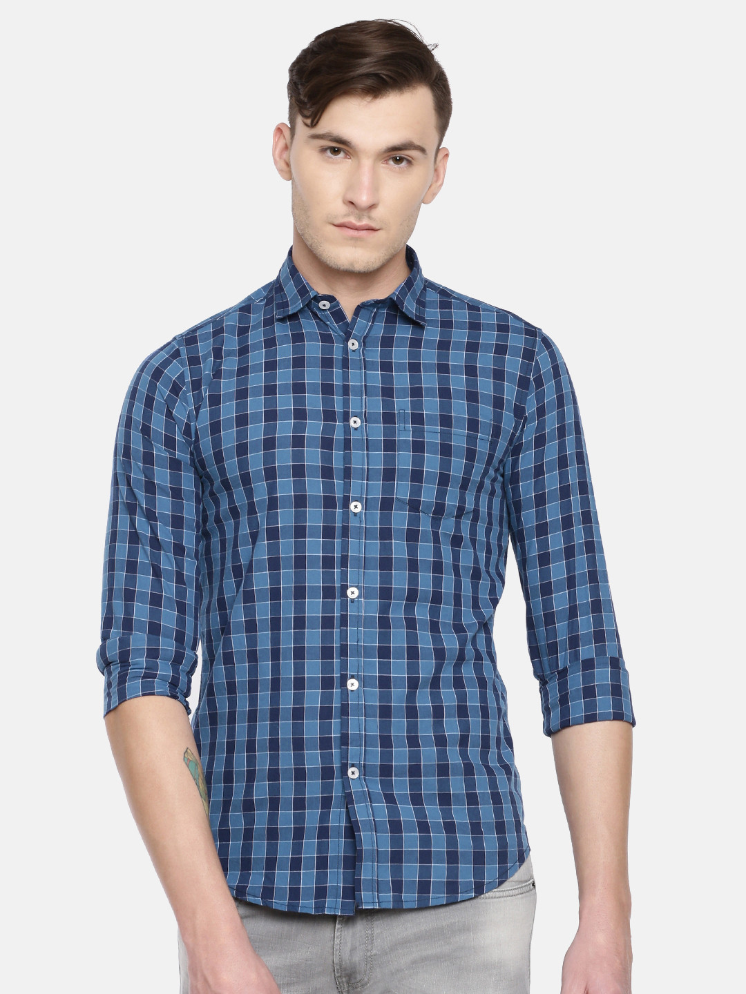 Buy The Chennai Silks Men Blue Regular Fit Checked Casual Shirt