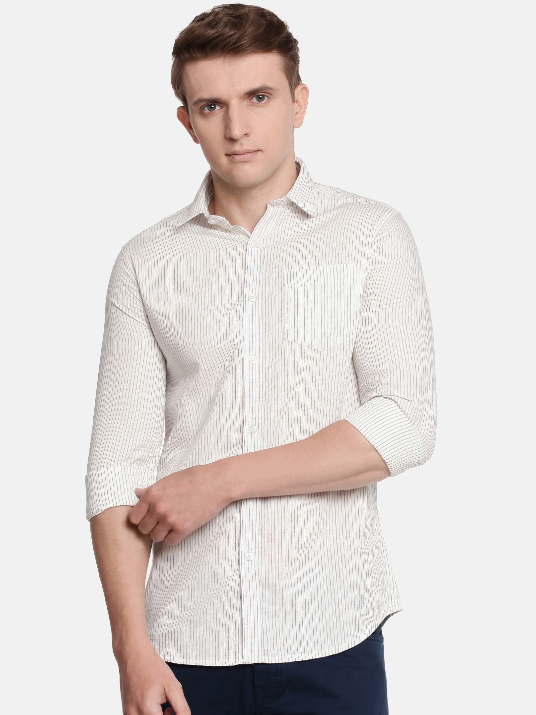 Buy The Chennai Silks Classicate Men White & Grey Striped Casual Shirt
