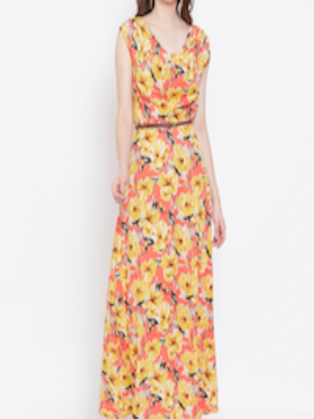 Buy Instacrush Women Yellow & Orange Floral Printed Maxi Dress ...