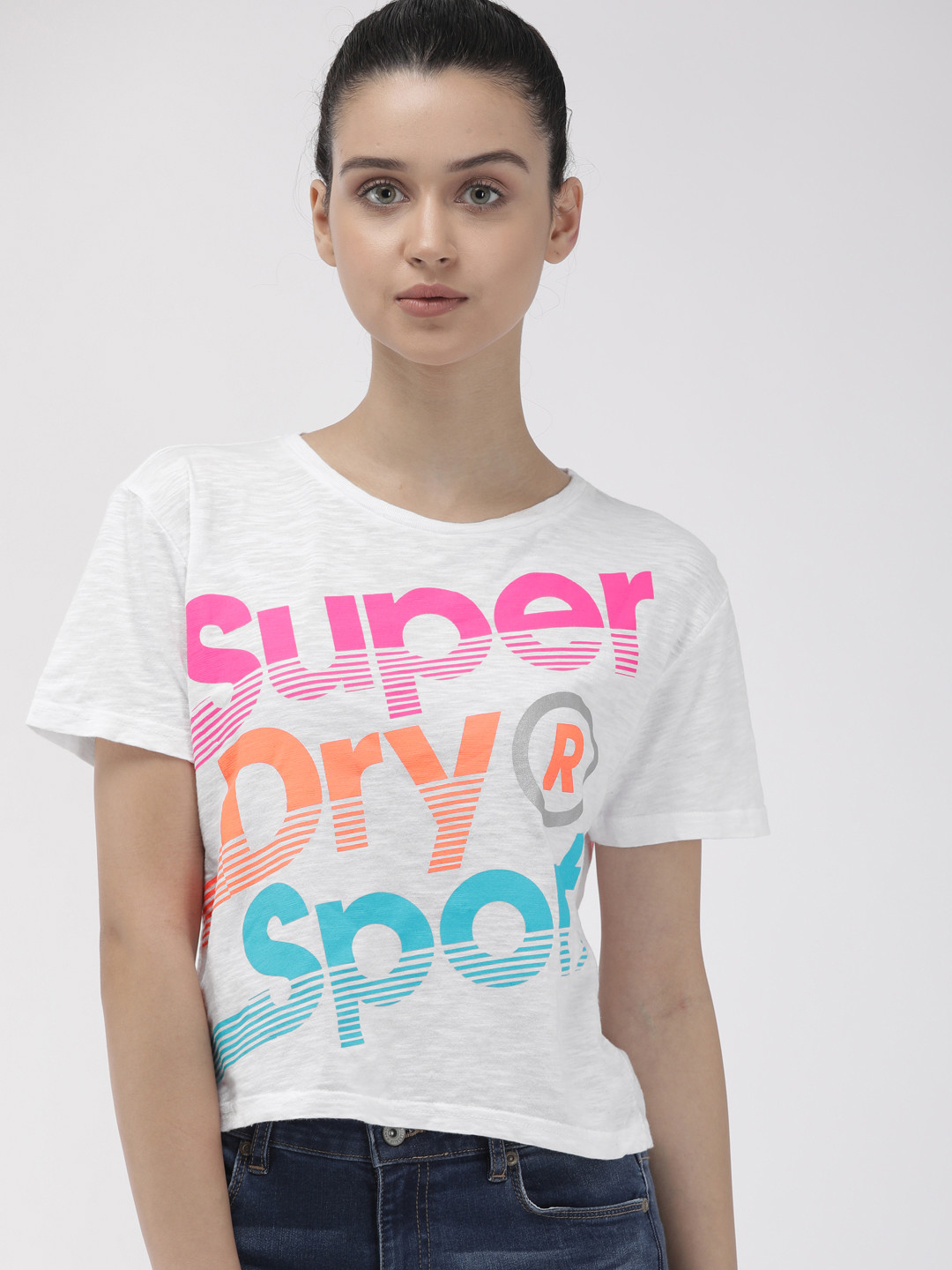 Buy Superdry Women White Printed Round Neck Pure Cotton T Shirt