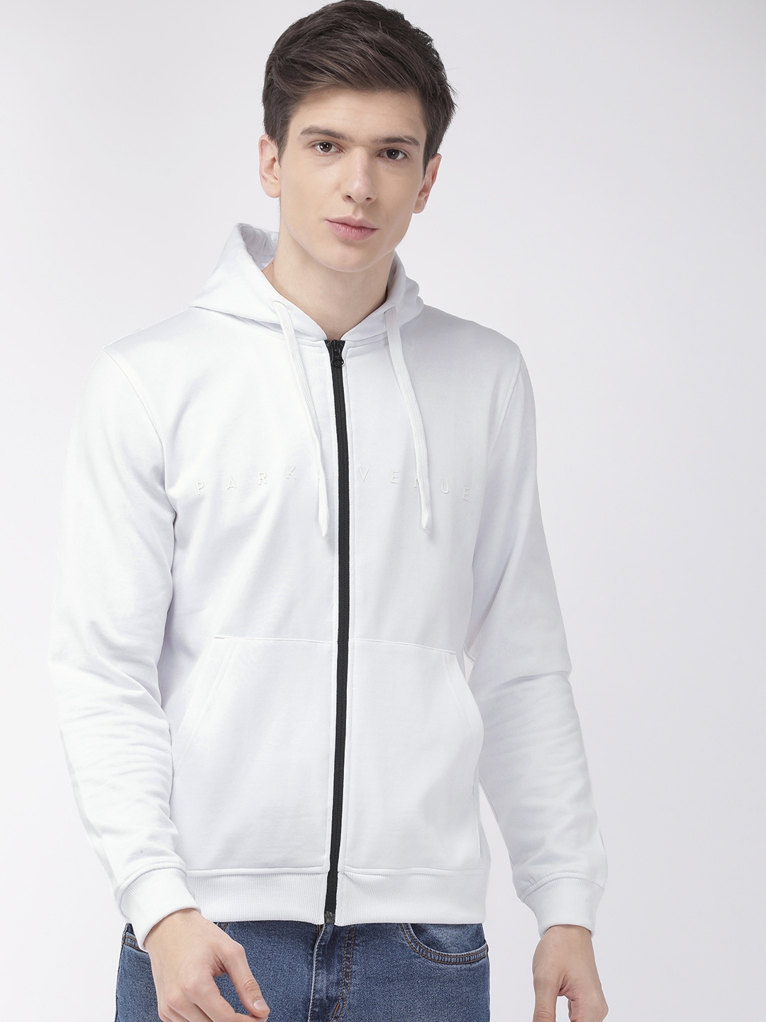 Buy Park Avenue Men White Solid Hooded Sweatshirt With Applique ...