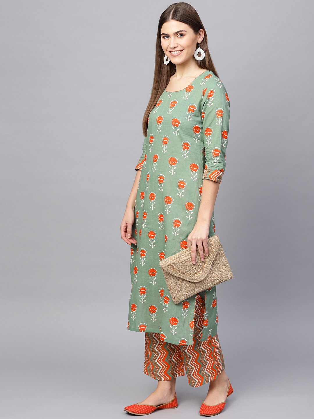 Buy Azira Women Green & Orange Printed Kurta With Palazzos - Kurta Sets ...