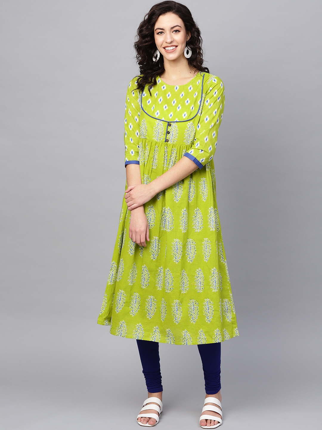 Buy Azira Women Lime Green & Blue Printed A Line Kurta - Kurtas for ...
