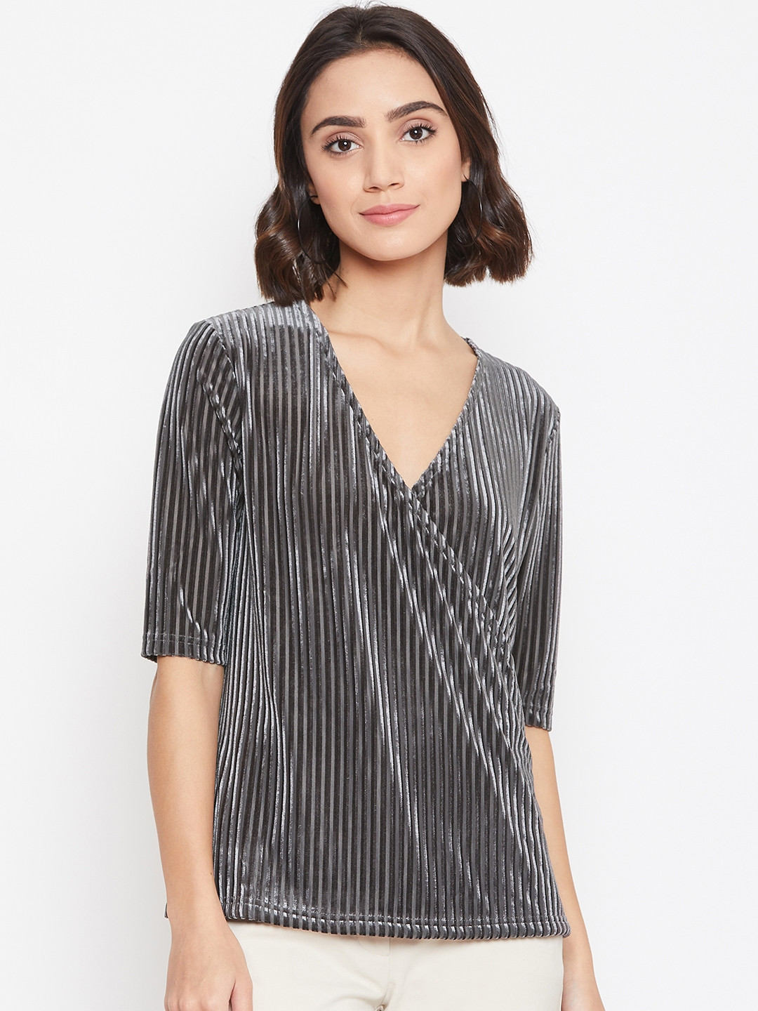 Buy Vero Moda Women Charcoal Grey Striped Velvet Finish Wrap Top Tops