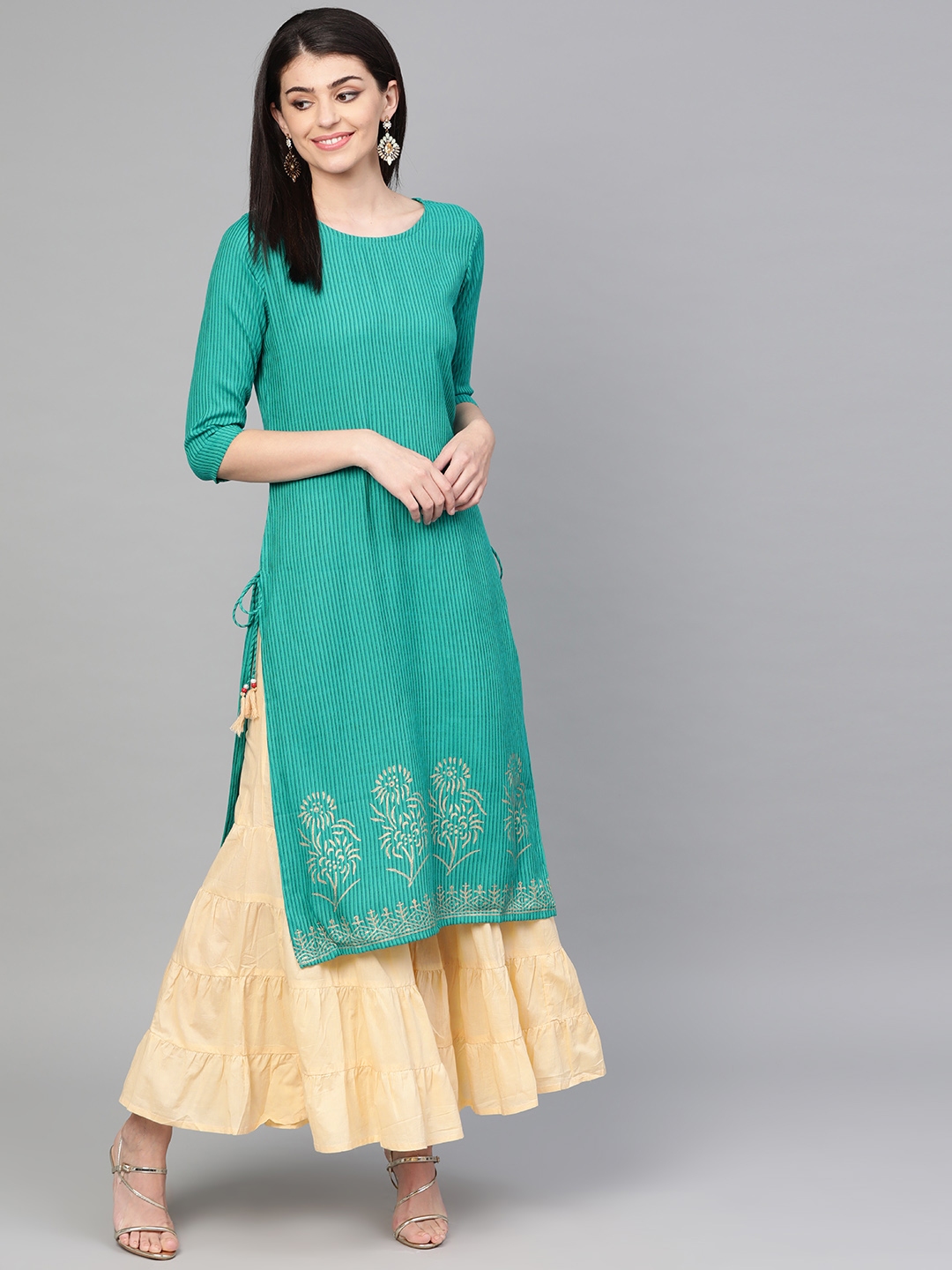 Buy ANAISA Women Green & Cream Coloured Striped Kurta With Sharara - Kurta Sets for Women ...