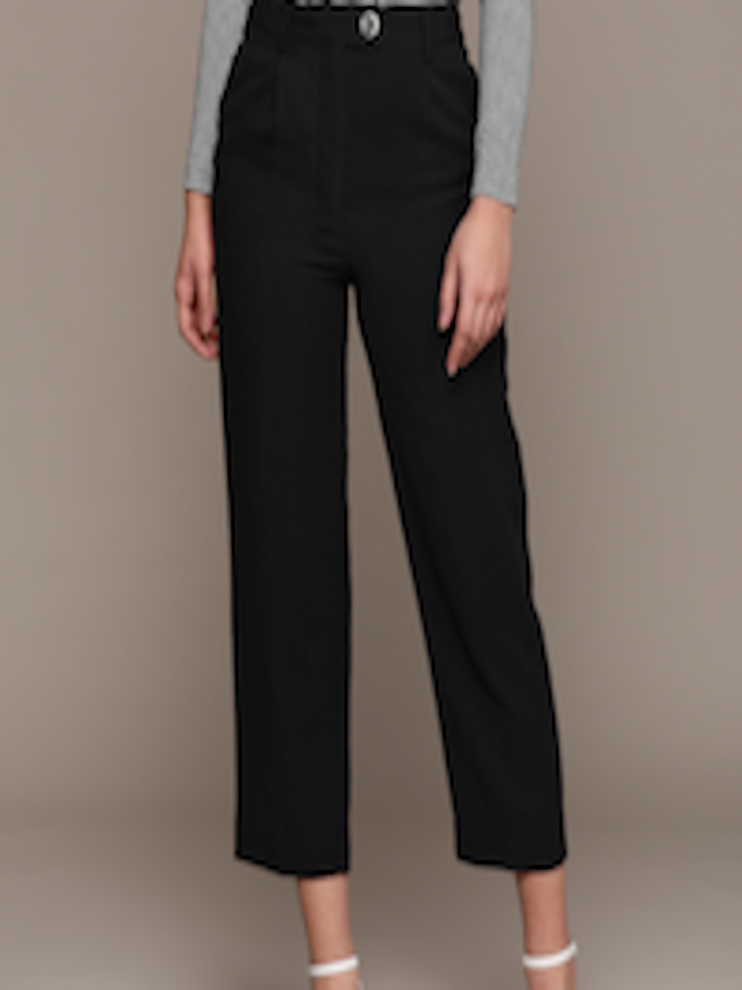 Buy MANGO Women Black Solid Cropped Regular Trousers - Trousers for ...