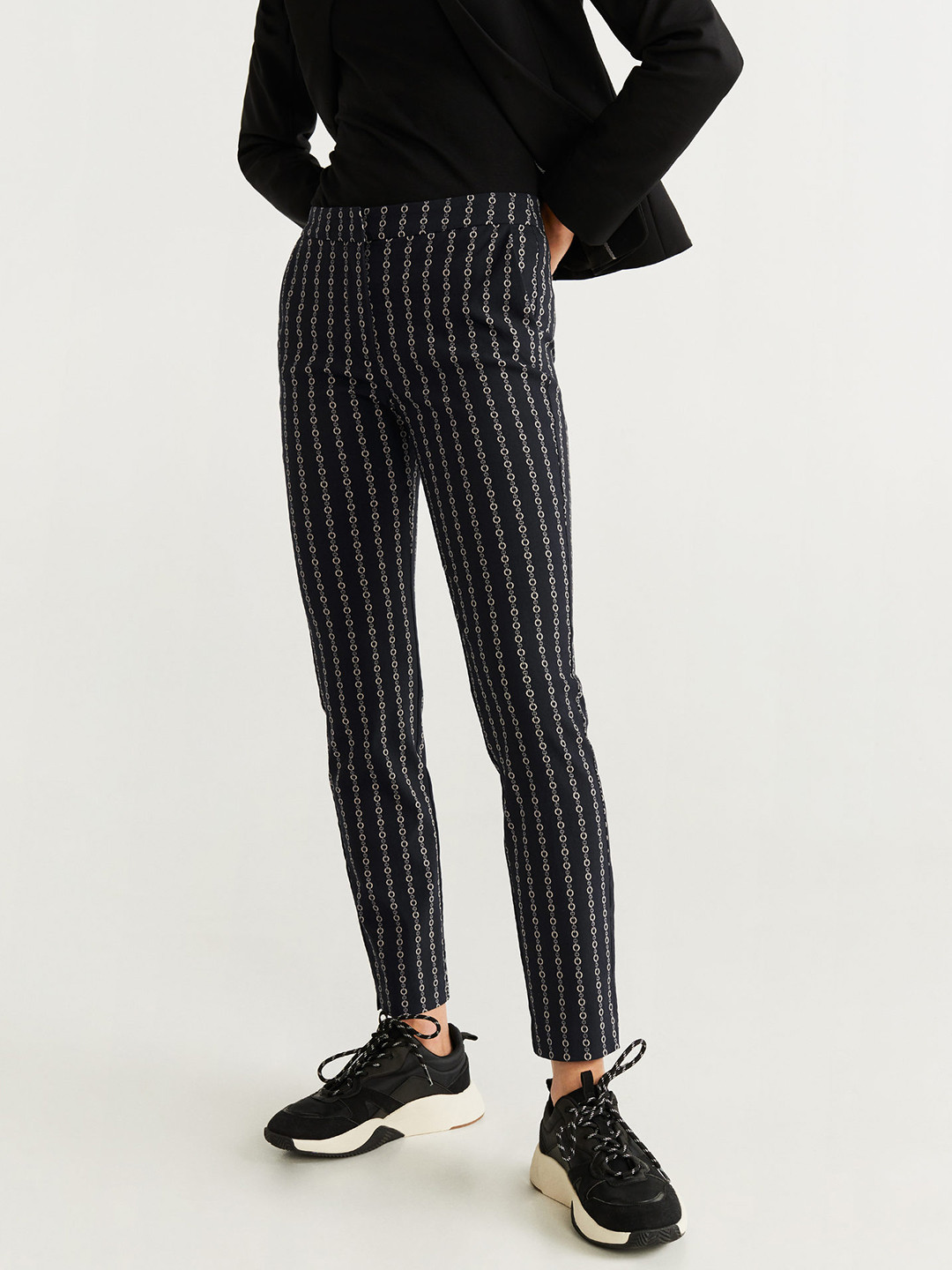 Buy MANGO Women Black & Beige Regular Fit Printed Regular Trousers