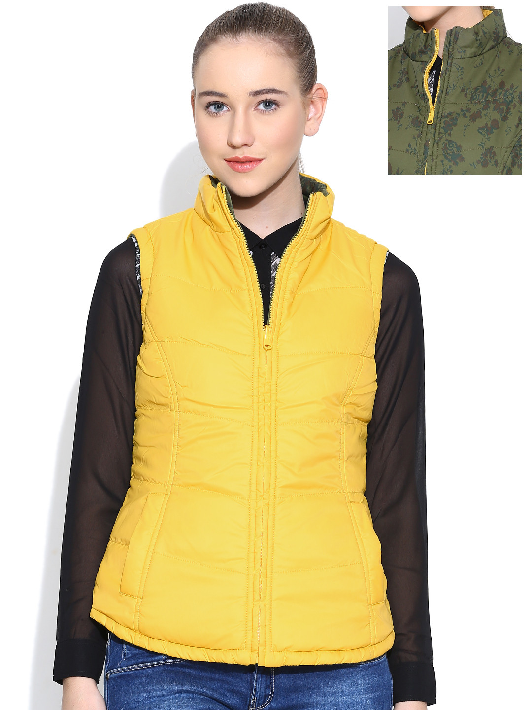 Buy Numero Uno Olive Green & Yellow Reversible Sleeveless Jacket