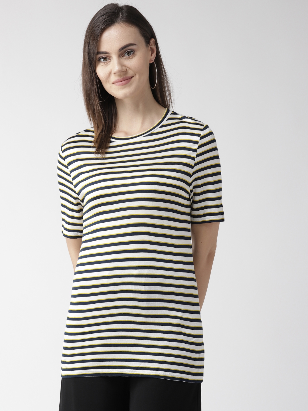 Buy Marks & Spencer Women White & Navy Striped Round Neck