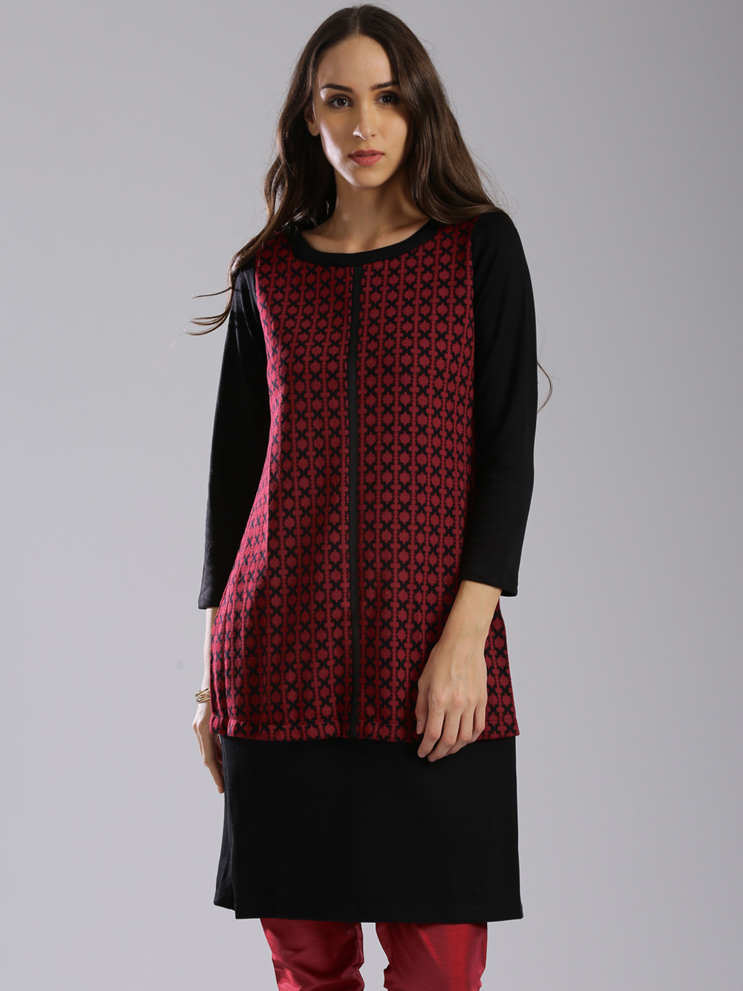 Buy W Maroon & Black Panelled A Line Winter Kurta - Kurtas for Women 1075236 | Myntra
