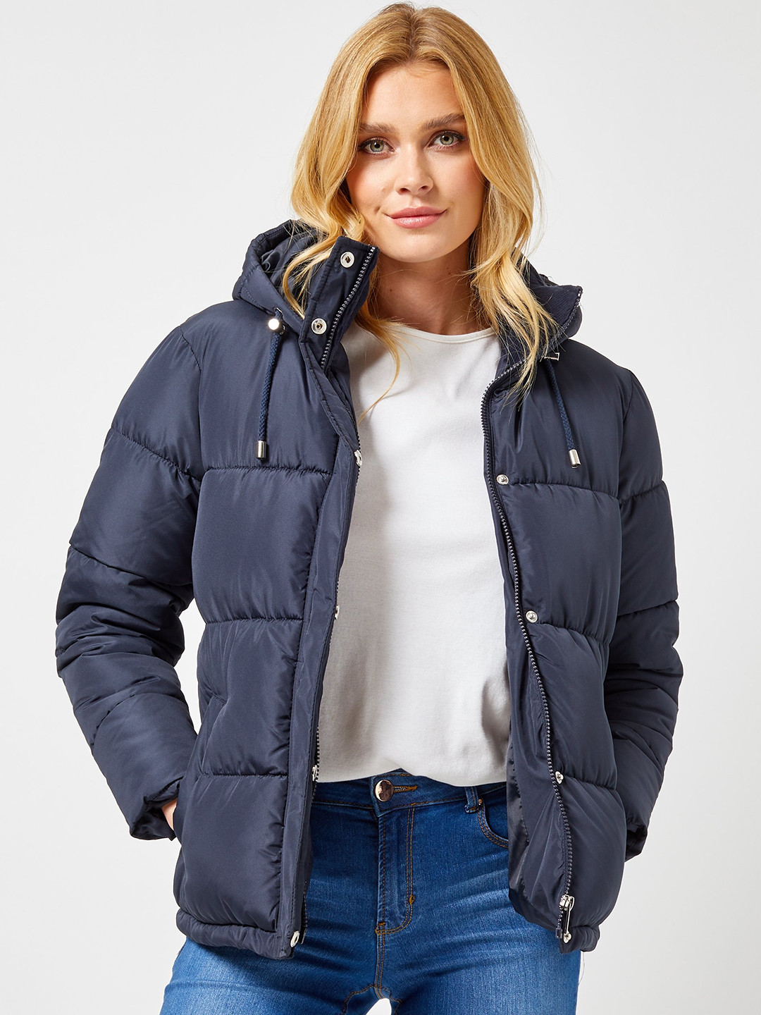 Buy DOROTHY PERKINS Women Navy Blue Solid Hooded Padded Jacket