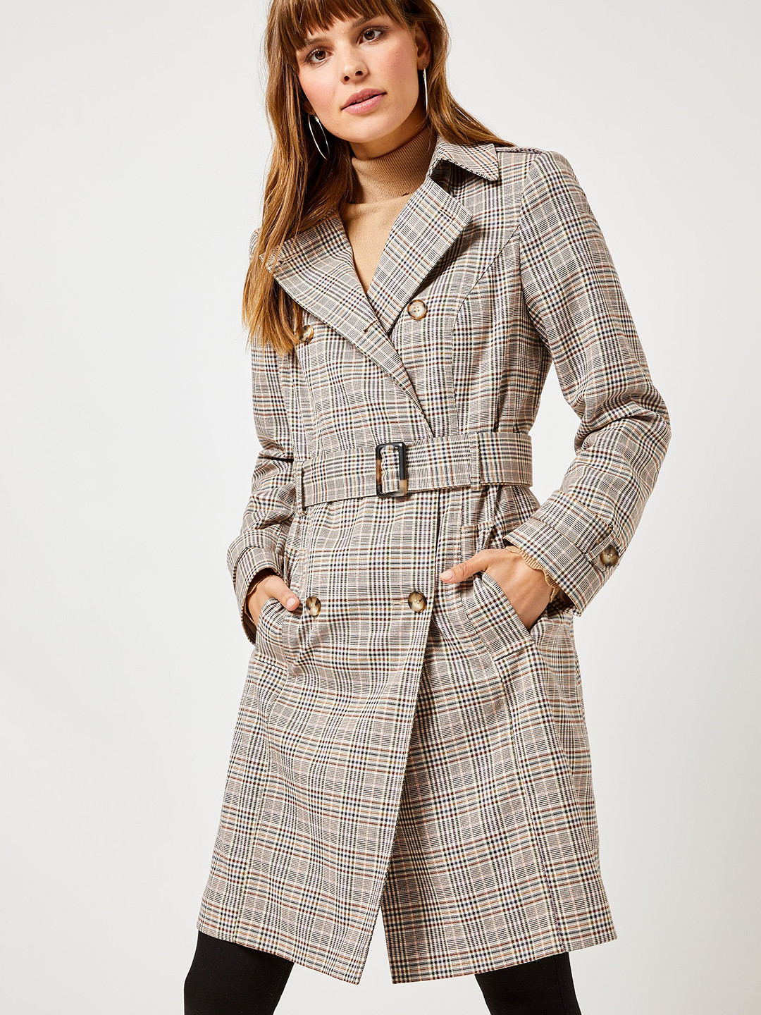 Buy DOROTHY PERKINS Women Beige Checked Double Breasted Trench Coat