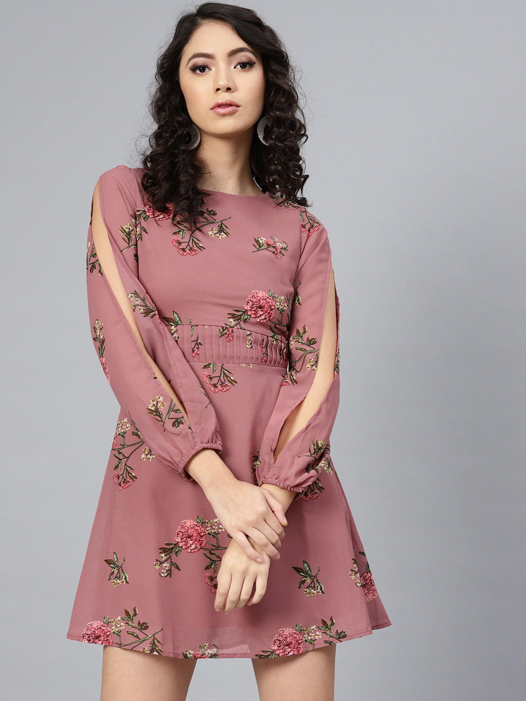 Buy SASSAFRAS Women Mauve & Green Floral Print Empire Dress Dresses