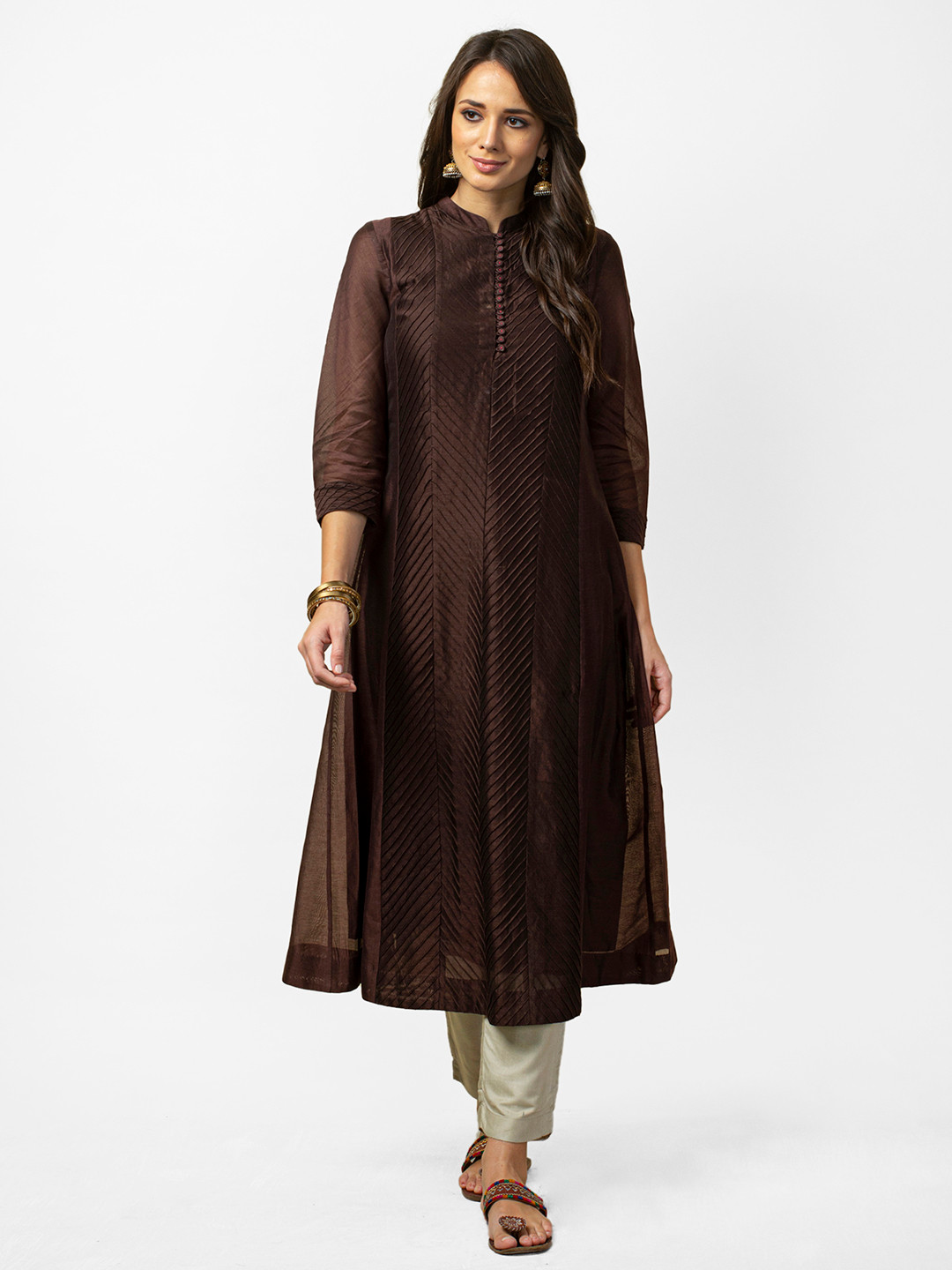 Buy Fabindia Women Coffee Brown Slim Fit Embroidered A Line Kurta ...