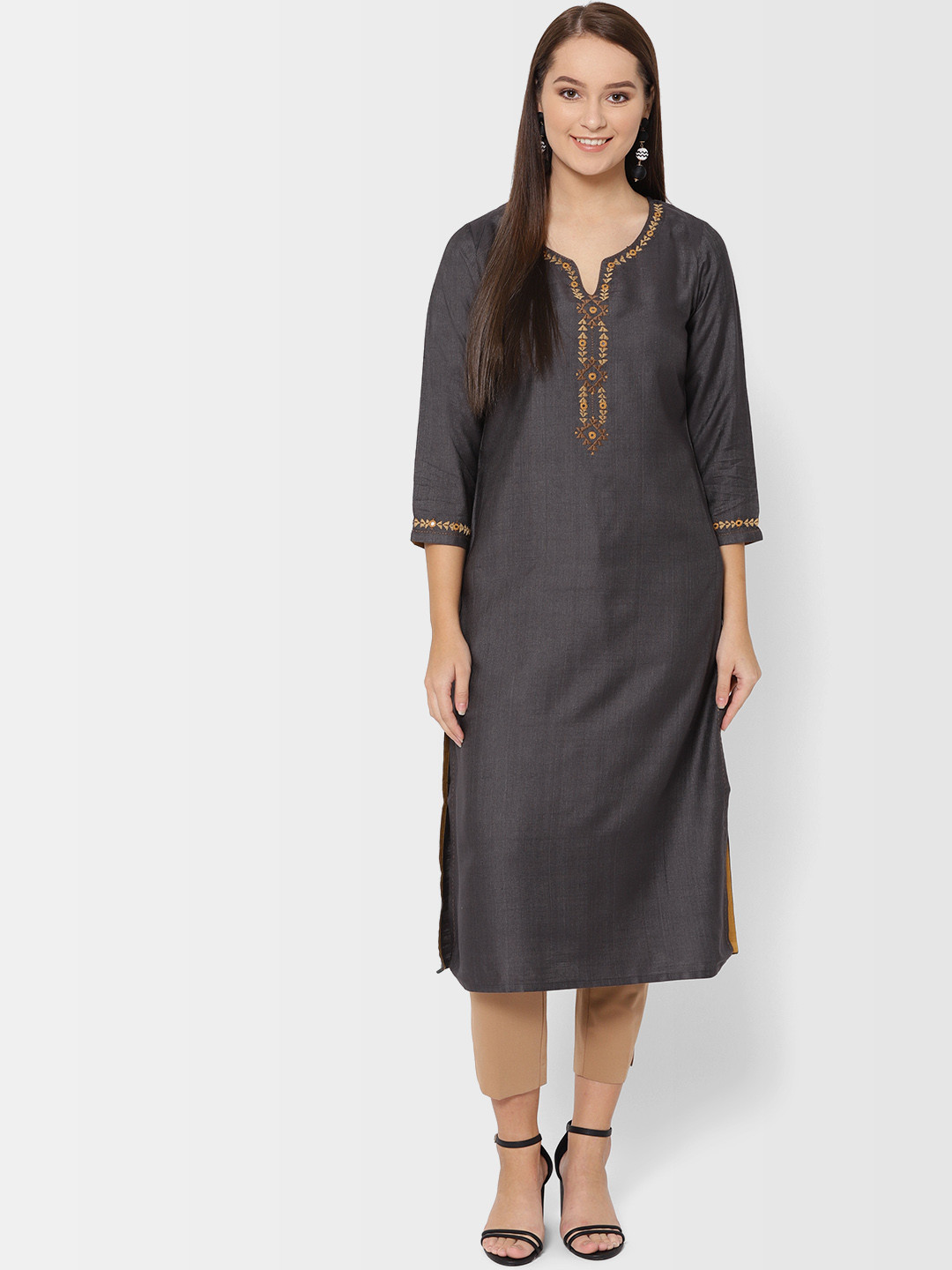 Buy Fabindia Women Charcoal Grey Solid Straight Kurta Kurtas for