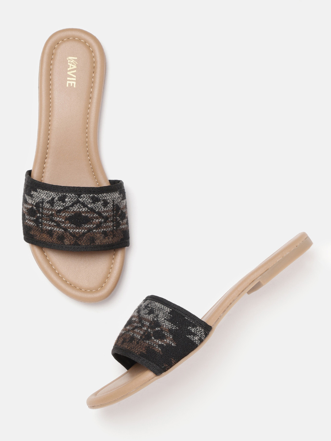 Buy Lavie Women Black & Off White Woven Design Open Toe Flats Flats