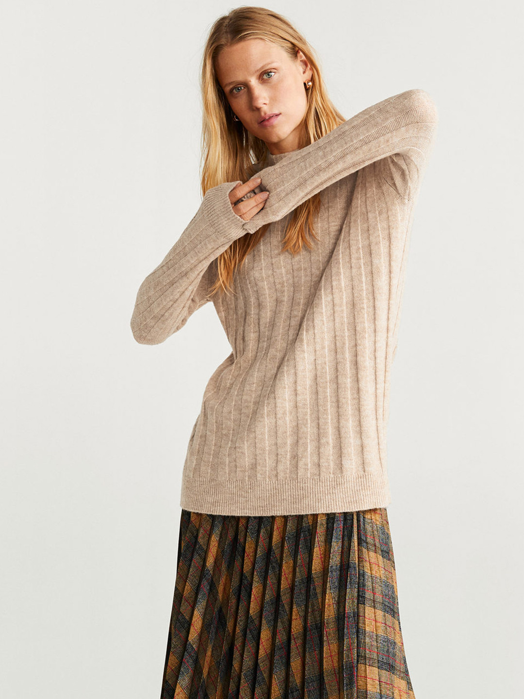 Buy MANGO Women Beige Self Striped Sweater Sweaters for Women