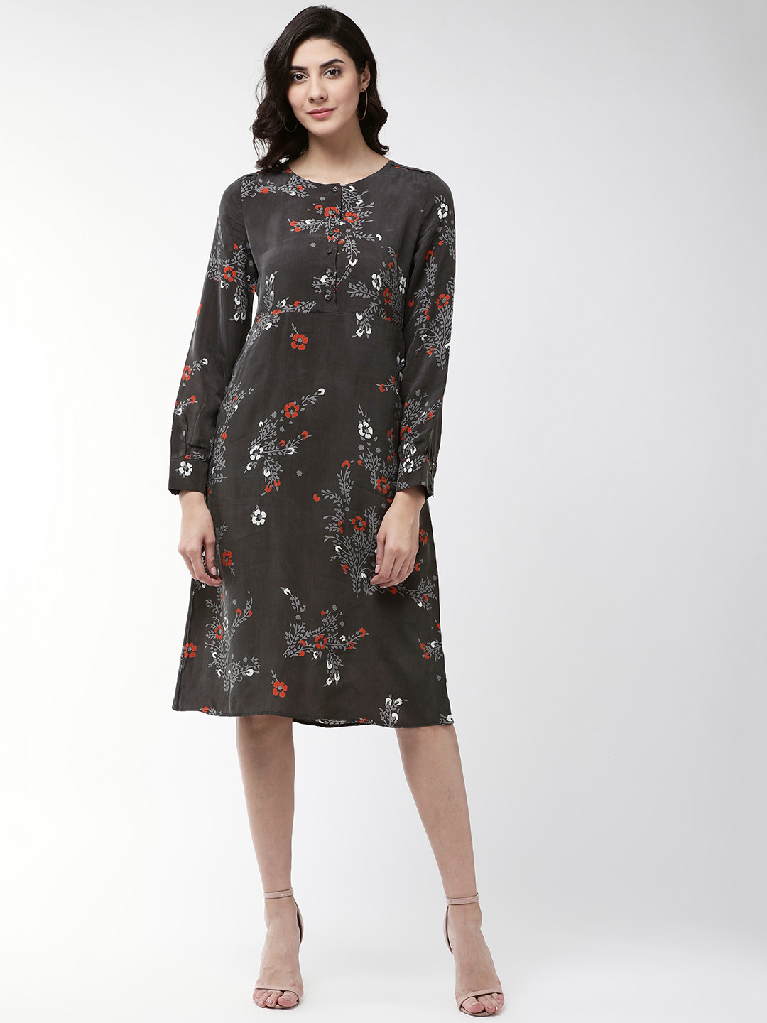 Buy Marks & Spencer Women Charcoal Grey & Orange Floral Printed A Line