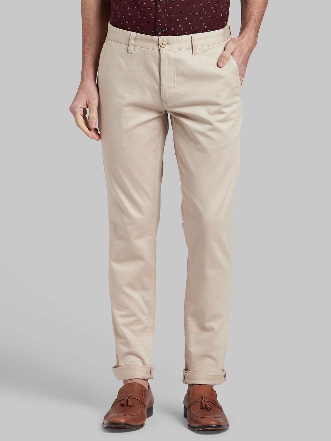 Buy Parx Men Beige Regular Fit Solid Regular Trousers - Trousers for ...