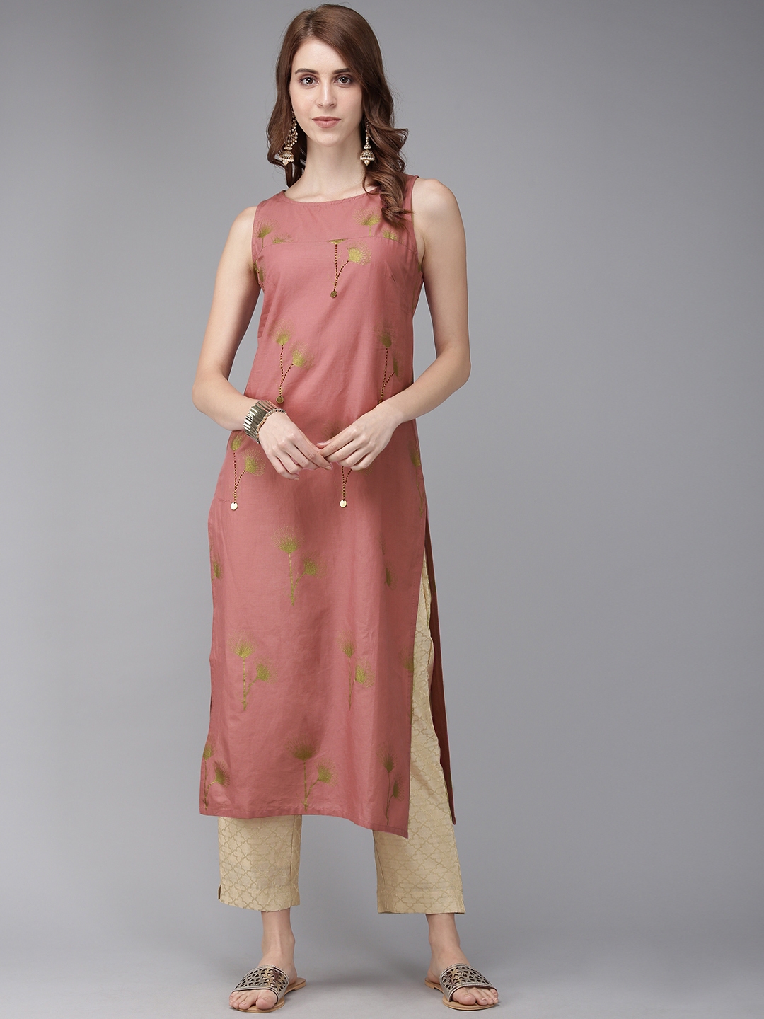 Anouk women pink printed straight kurta