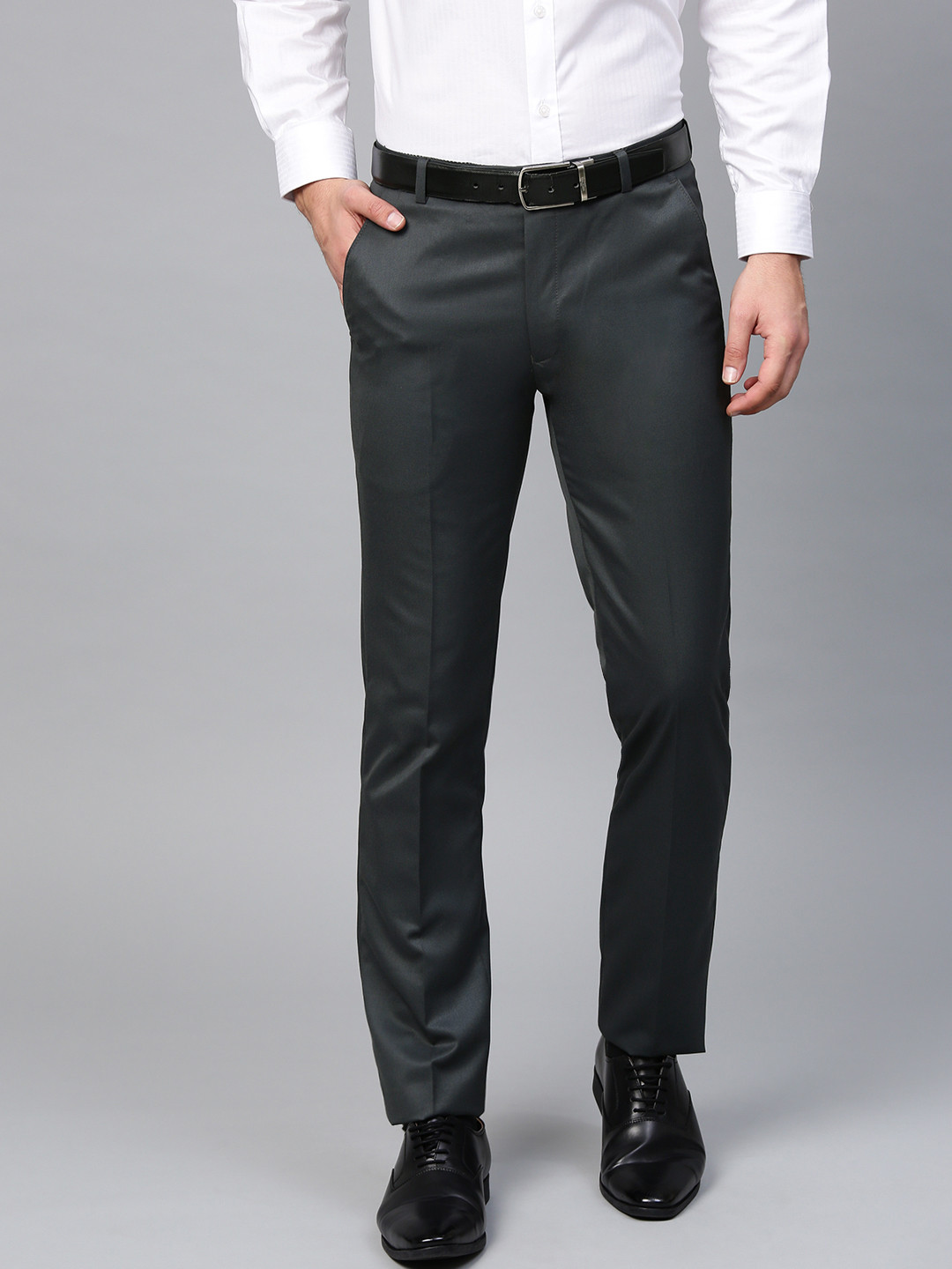 Buy MANQ Men Charcoal Grey Smart Slim Fit Solid Formal Trousers ...