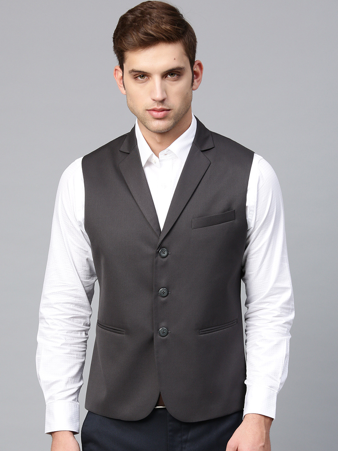 Buy MANQ Men Charcoal Grey Solid Slim Fit Formal Waistcoat Waistcoat