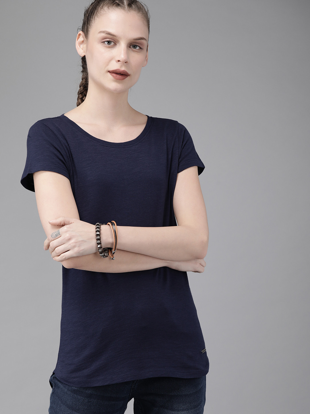 Buy Roadster Women Navy Blue Solid Round Neck Pure Cotton T Shirt ...