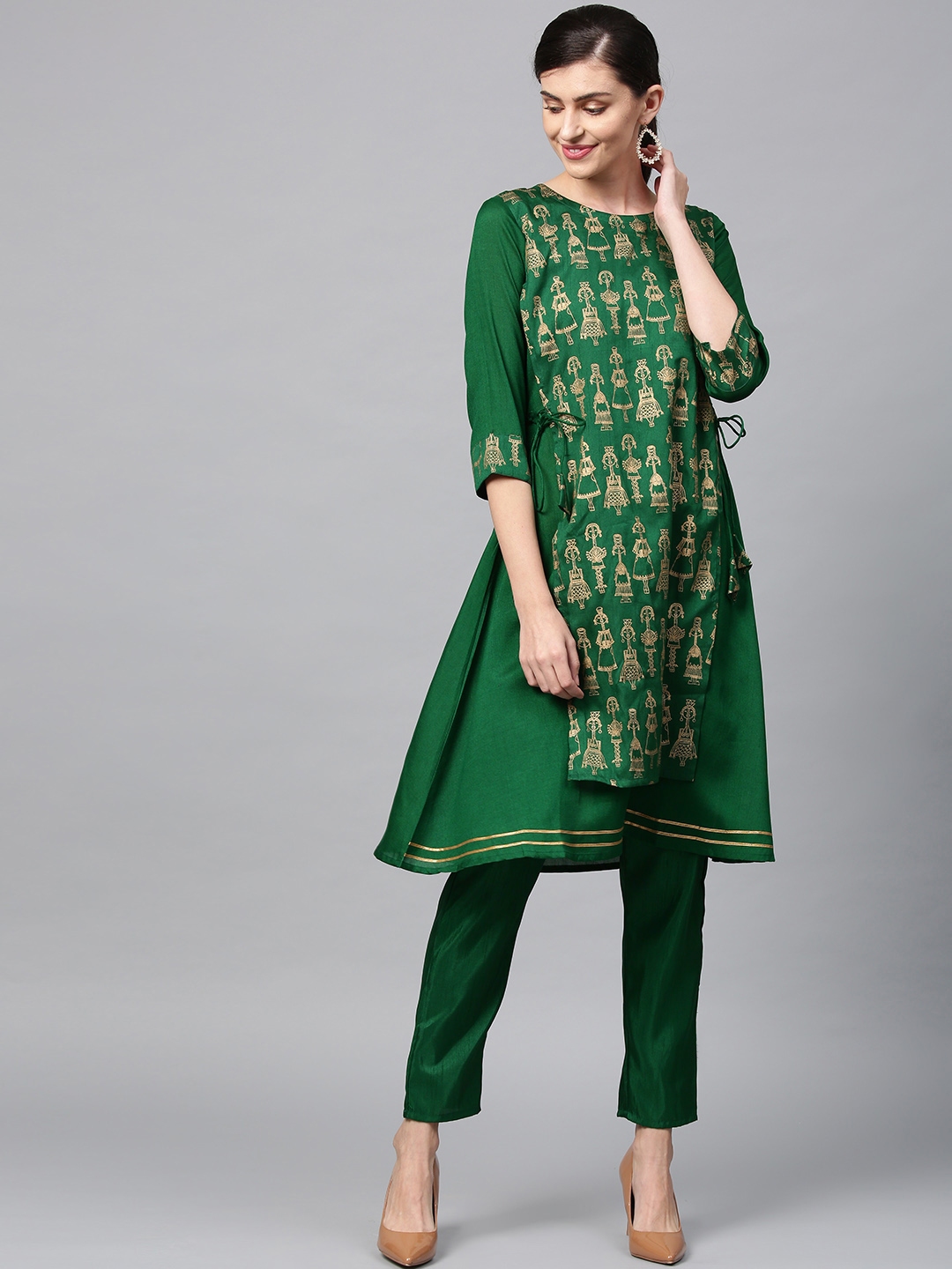 Buy ZIYAA Women Green & Golden Printed Layered Kurta With Trousers ...