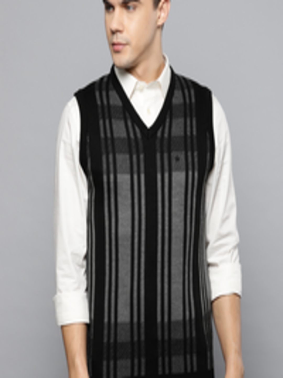 Buy Louis Philippe Men Black & Grey Striped Sweater Vest - Sweaters for ...