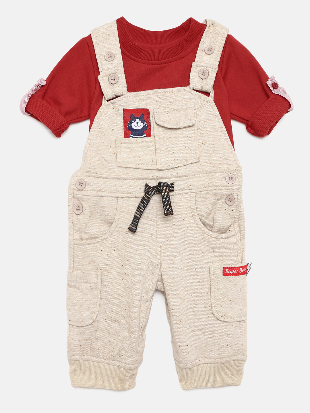 Buy Little Kangaroos Infants Beige Solid Slim Fit Dungaree Dungarees