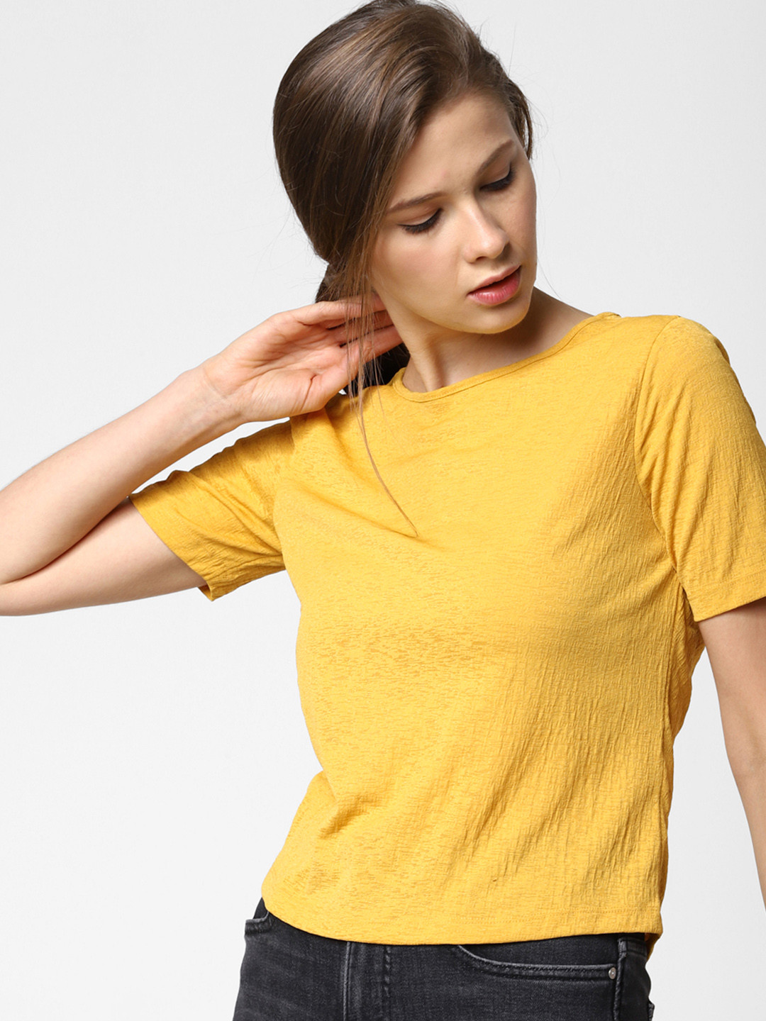 Buy ONLY Women Mustard Yellow Self Design Regular Top Tops for Women