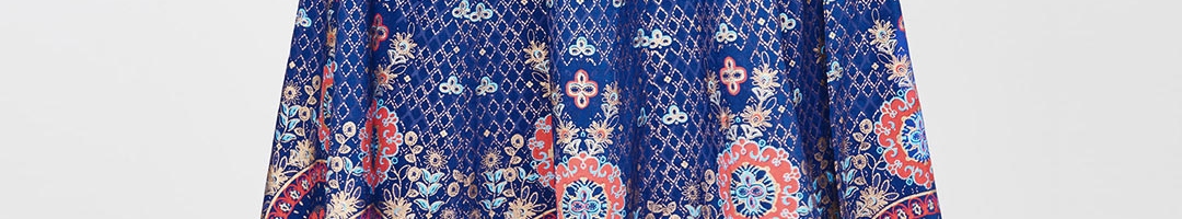Buy Global Desi Women Navy Blue & Gold Toned Printed Flared Maxi Skirt ...