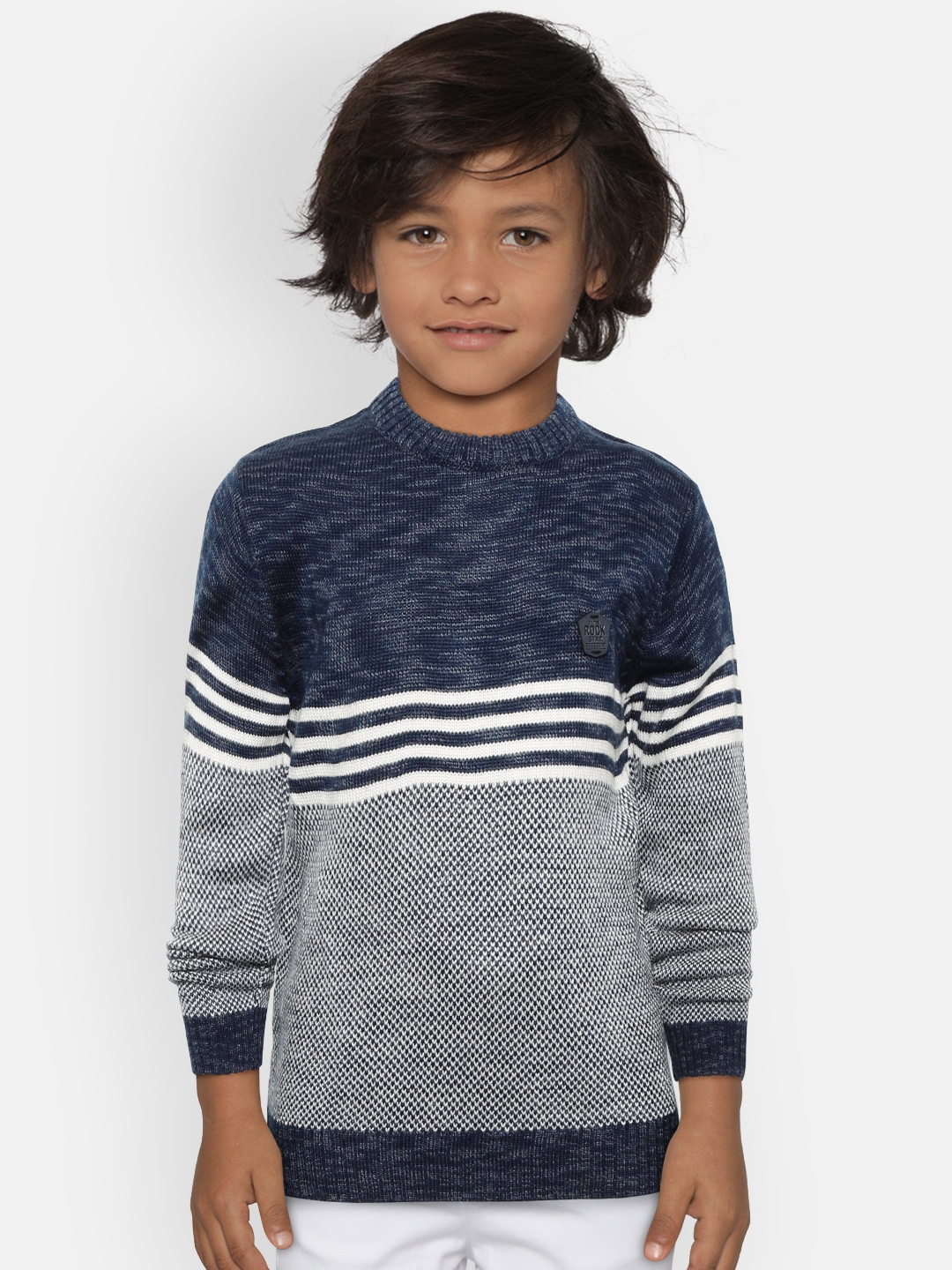 Buy Duke Boys Navy Blue & White Colourblocked Sweater With Striped ...