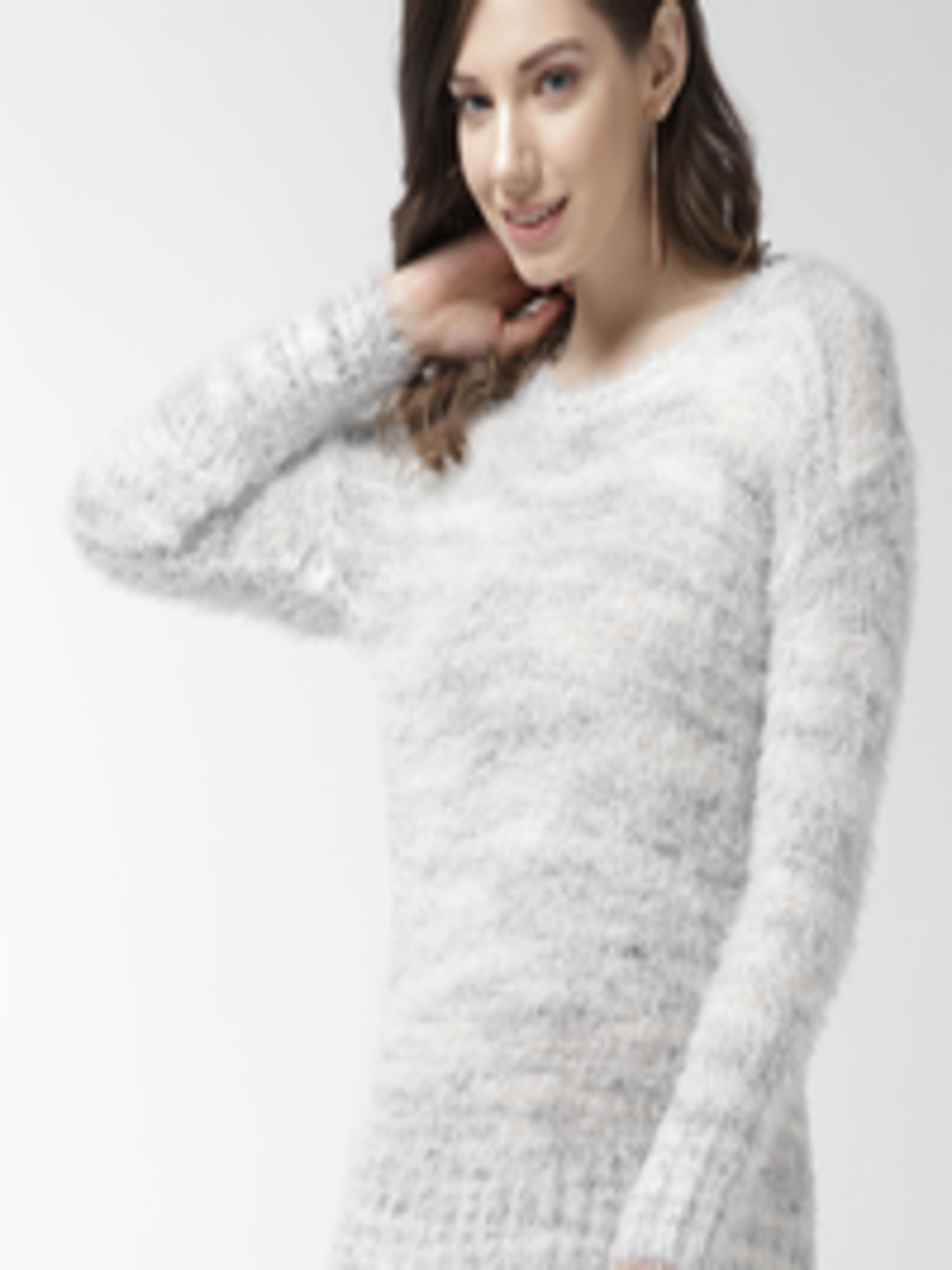 Buy Species Women White & Navy Blue Fuzzy Sweater - Sweaters for Women ...