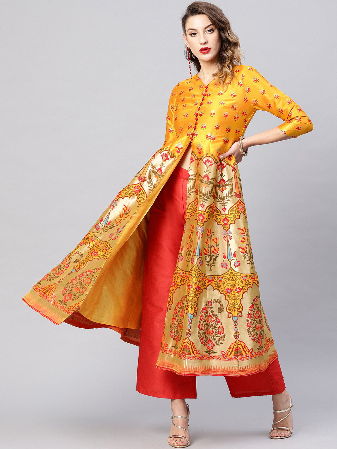 Women'S Mustard Yellow & Pink Printed Kurta With Palazzos
