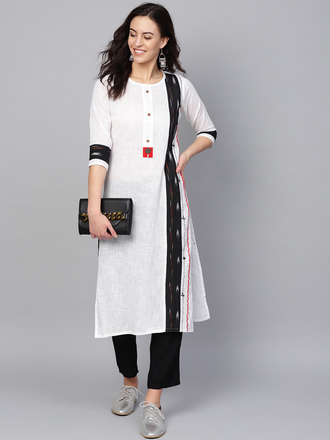 Buy KSUT Women White & Black Solid Straight Kurta Kurtas for Women