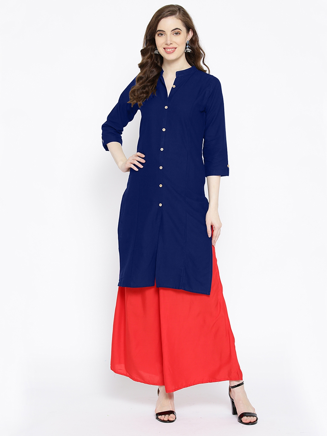 Buy Vastraa Fusion Women Blue Solid Straight Pure Cotton Kurta Kurtas